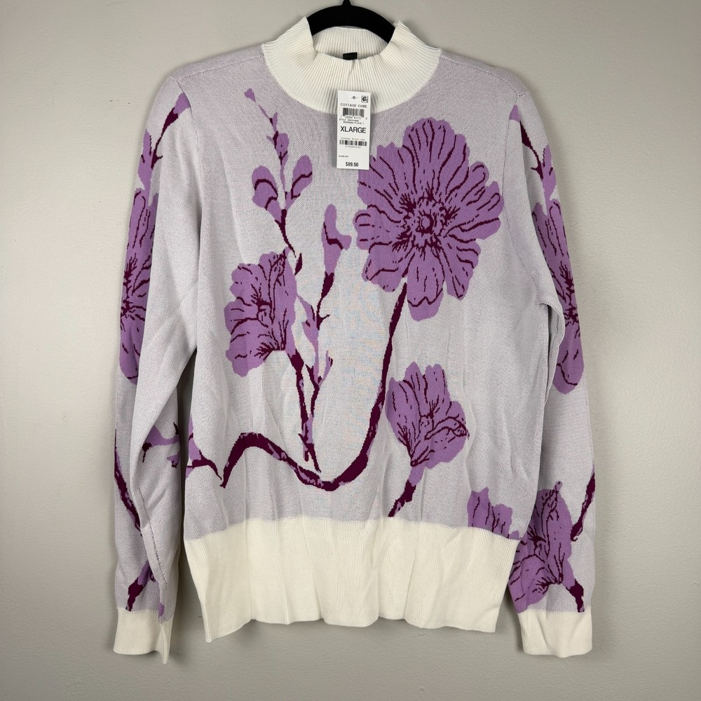 INC International Concepts Sweater Womens XL Purple White Mock Neck Floral Print